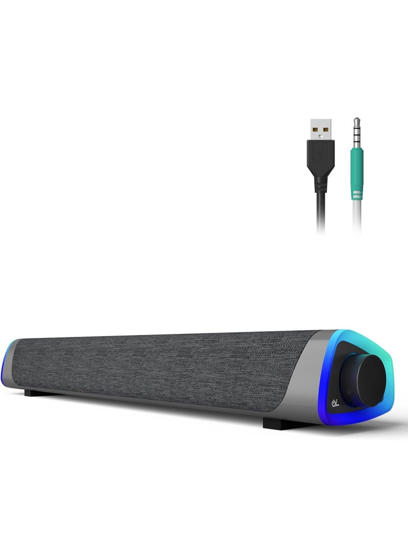 USB wired computer speaker, RGB computer soundbar, 3D surround sound speaker, with volume knob, 3.5mm audio input, suitable for desktop computers, laptops, smartphones, and tablets. - Image 1